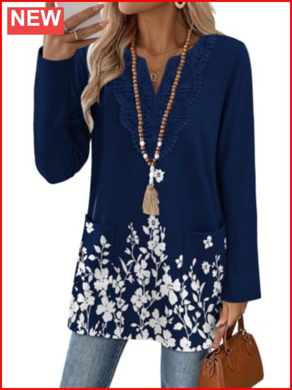 Womens Boho Lace V Neck Long Sleeve Tunic Top with Pockets